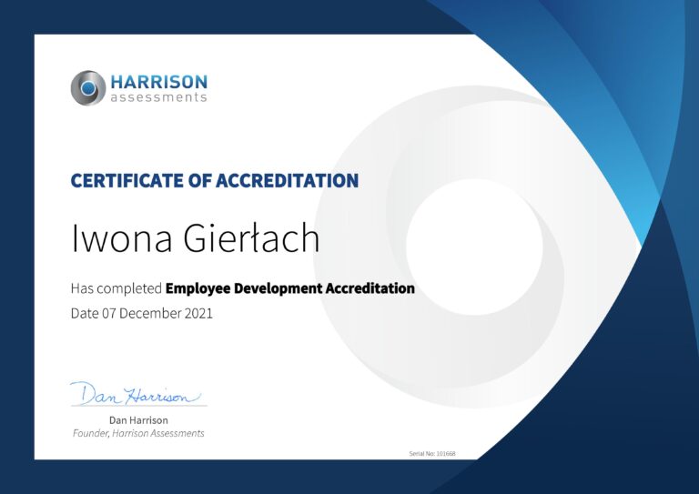 Certyfikat akredytacji Harrison Assessments potwierdzający uzyskanie uprawnień w zakresie Employee Development Accreditation.